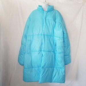 Fashion Nova Women L Her Long Puffer Jacket Coat Light Blue High Collar Pockets